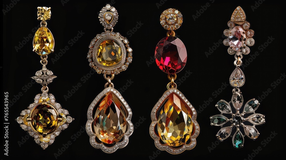 Earrings set collection. Isolated on black background Generative AI Earrings set collection. Isolated on black background Generative AI