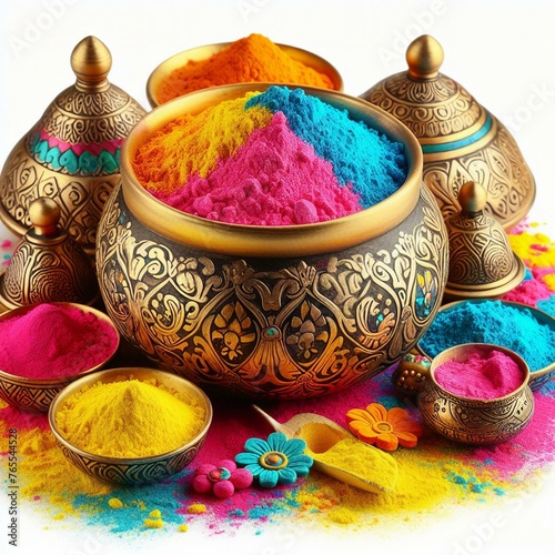 Holi Colors/Powder in Traditional Pot: Isolated on White Background photo