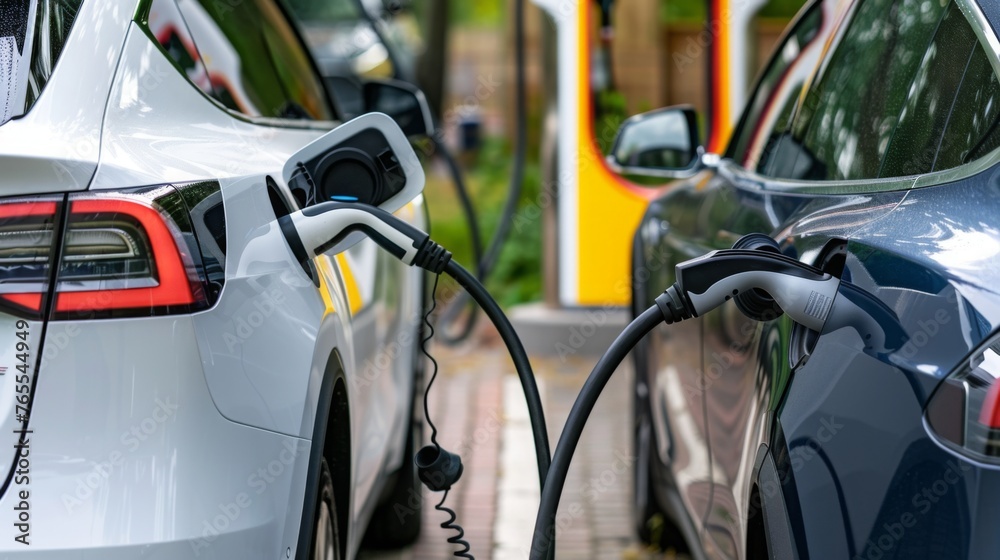 Electric vehicle charging at a public station, showcasing the accessibility of sustainable transportation, concept of urban eco-friendly infrastructure. Electric vehicle charging at a public station, showcasing the accessibility of sustainable transportation, concept of urban eco-friendly infrastructure.