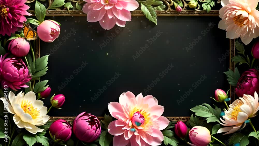 Floral frame black background with butterflies. Seamless looping time-lapse 4k video animation background