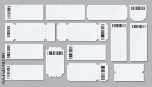 Ticket Empty template. Concert movie theater boarding blank white tickets lottery coupons . Vector
