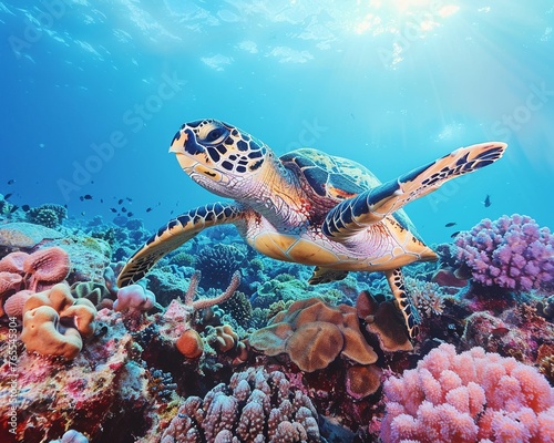 Hawksbill turtle on coral reef bright colors side angle dynamic underwater scene vivid marine life