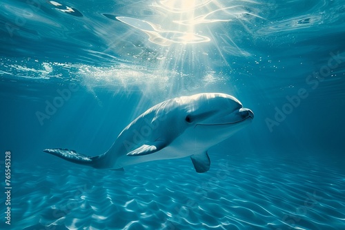 Vaquita in crystal clear ocean underwater view sun rays filtering through serene blue tones