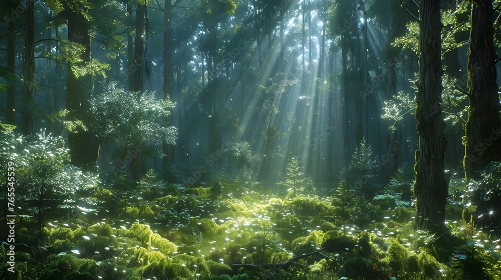 Enchanting Sunlight-Dappled Primeval Forest Glade - obrazy, fototapety, plakaty 