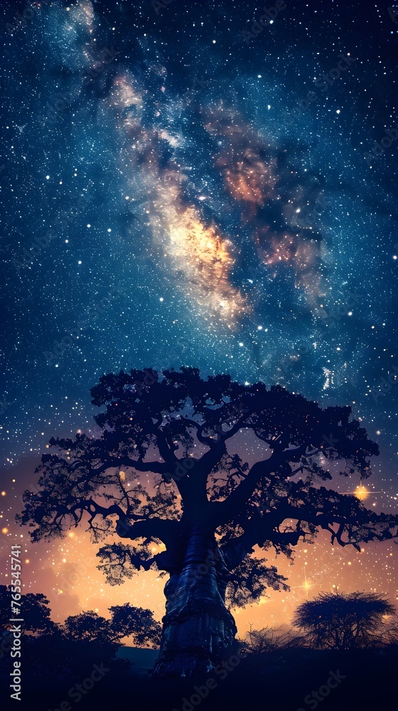 Fototapeta premium Majestic Baobab Under Starry Saharan Skies - Silhouetted Timeless Sentinel Amid Cosmic Splendor
