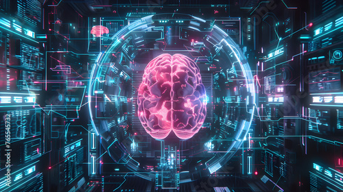 Creative illustration futuristic interpretation of epilepsy diagnosis, showing an MRI brain scan within a holographic display.