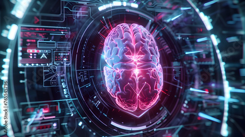 Creative illustration futuristic interpretation of epilepsy diagnosis, showing an MRI brain scan within a holographic display.
