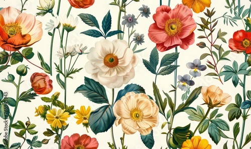 Seamless pattern background featuring a collection of vintage botanical illustrations with flowers and leaves in muted colors  Generative AI