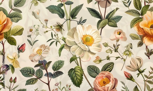 Seamless pattern background featuring a collection of vintage botanical illustrations with flowers and leaves in muted colors, Generative AI photo