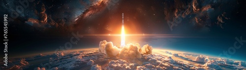 Capture the awe and ambition of space exploration from a unique perspective Create a worms-eye view image showcasing rockets launching into the vast unknown, evoking a sense of wonder and excitement