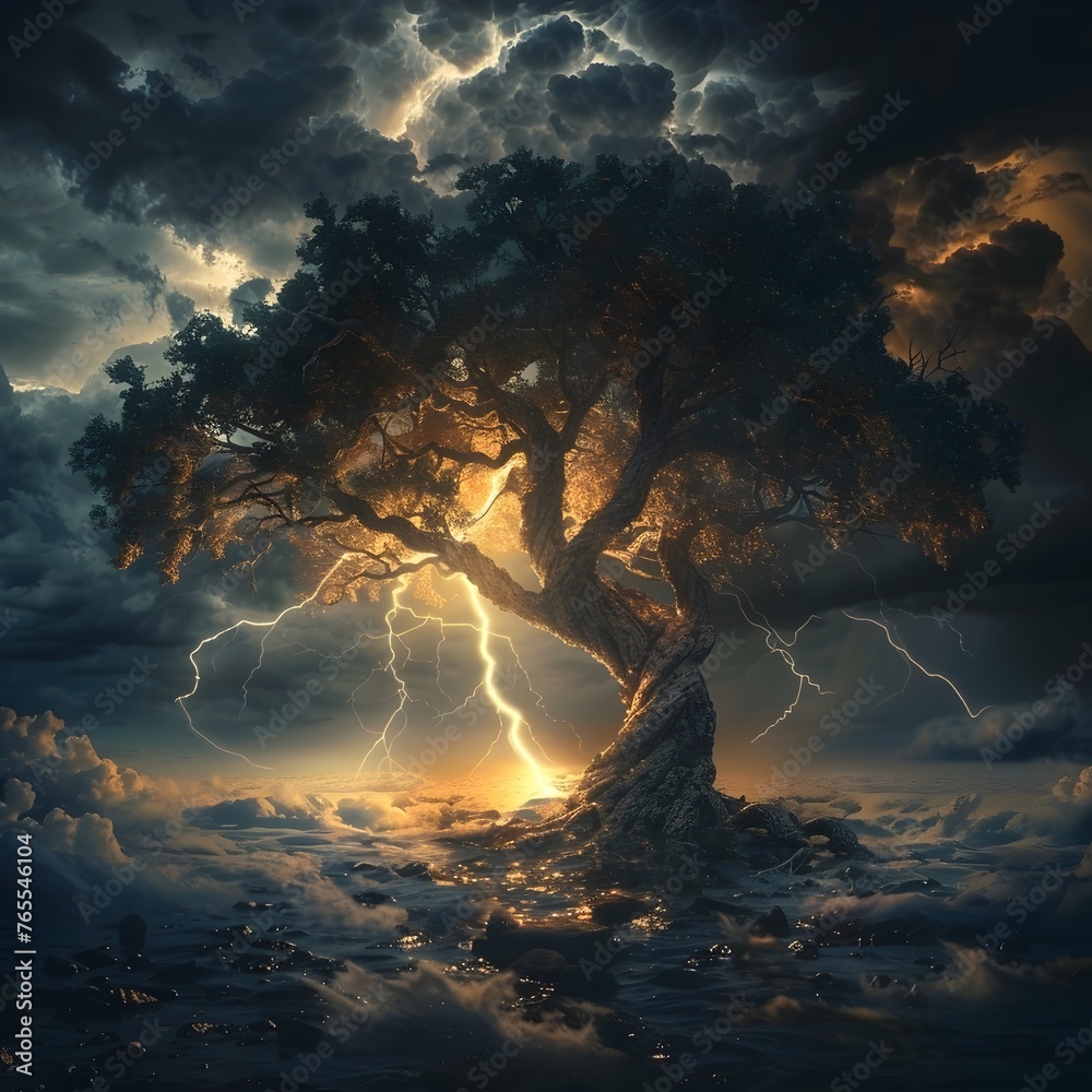 Defiant Old Tree Weathering the Furious Storm,Illuminated by Crackling Lightning Against Dramatic Cloudy Sky