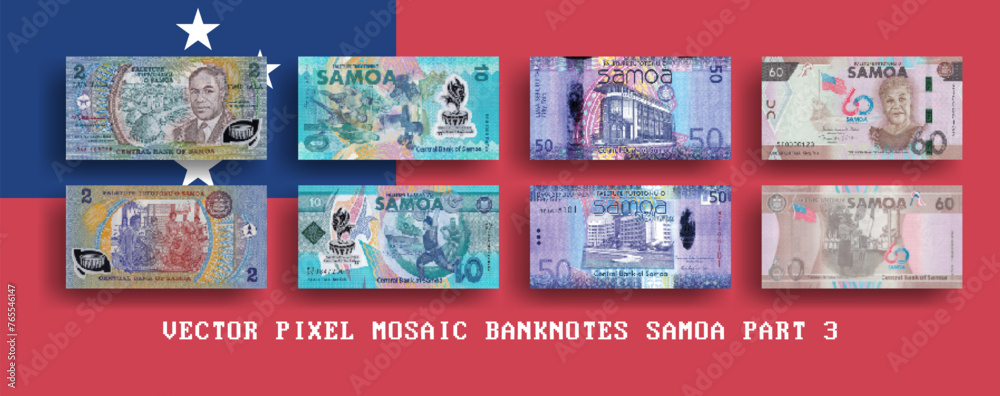 Vector set of pixel mosaic banknotes of Samoa. Collection of notes in denominations of 2, 10, 50 and 60 tala. Obverse and reverse. Play money or flyers. Part 3