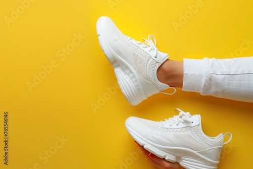 Woman holding sportive shoe on yellow backgroundcloseup on shoes Space for text photo