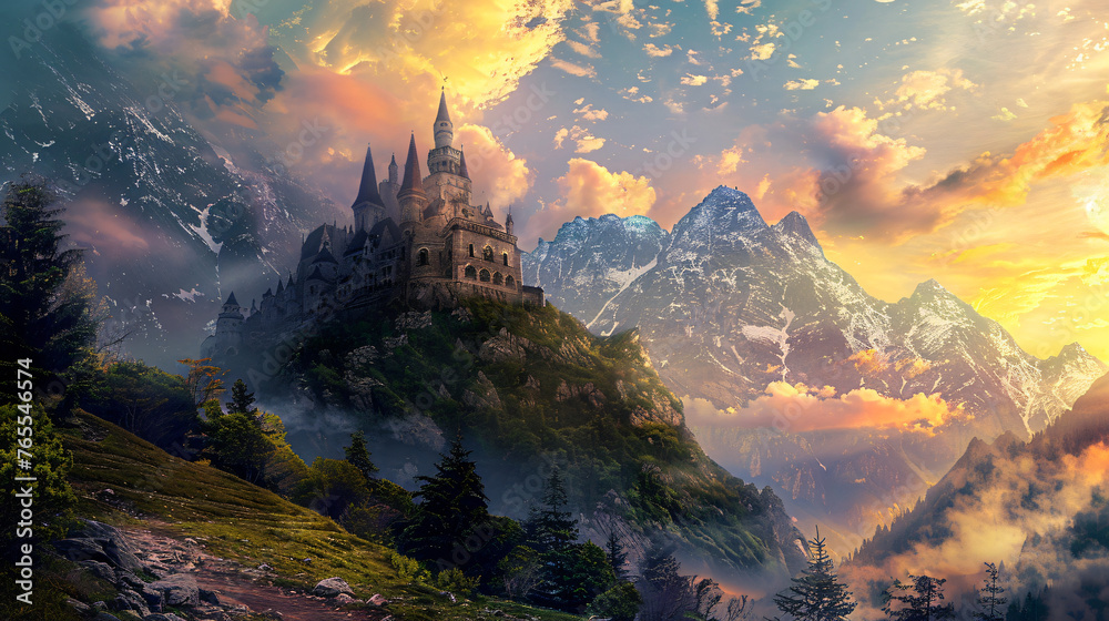 Fantasy castle landscape in mountains ..