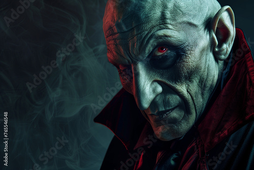 Dracula Nosferatu, copy space of a vampire with pale skin and red eyes with a confident and evil expression for Halloween night