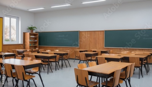 A spacious modern classroom with neat rows of wooden desks and chairs. Large blackboards span the wall, suggesting a quiet academic setting awaiting students.