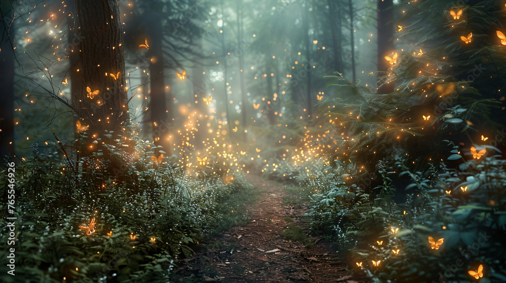 Fantasy firefly lights in the magical forest ..