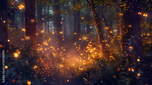 Fantasy firefly lights in the magical forest ..