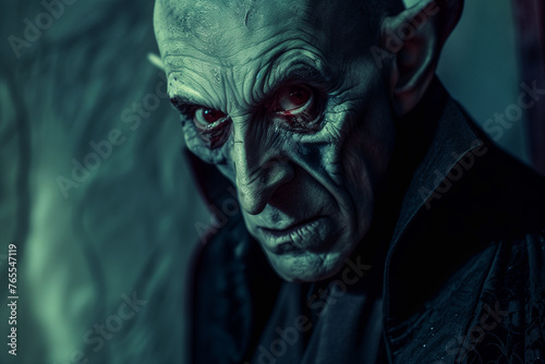 Dracula Nosferatu, copy space of an old bony pale skinned vampire, scary image to scare on Halloween night
