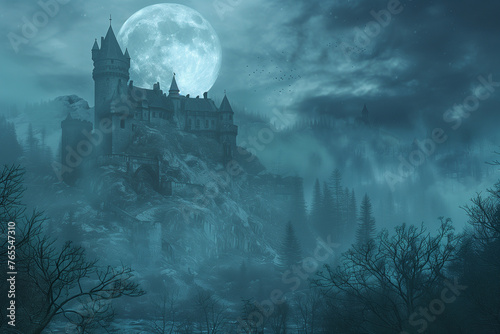 Dracula's castle, gothic misty landscape of an ancient vampire building on full moon on Halloween night
