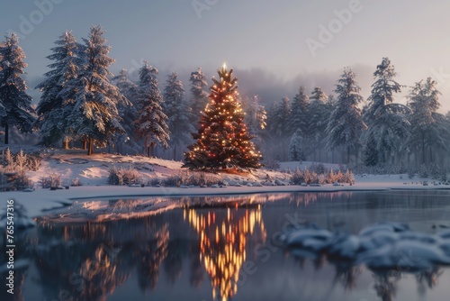 Christmas Tree magically reflects in the small frozen lake and is surrounded by snow covered pine trees.  photo