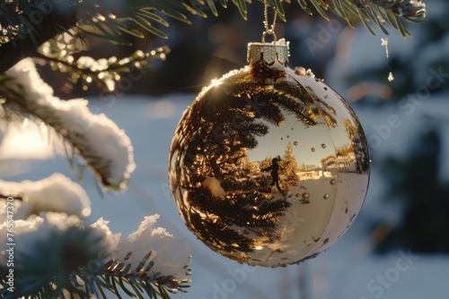 Bright gold ornament hanging from a snow covered Christmas tree Branch reflects its outdoor snowy surroundings.  photo