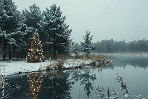 Christmas tree magically reflects in the small frozen lake and is surrounded by snow covered pine trees. 