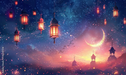 Ramadan Kareem illustration banner background with Islamic Crescent and lantern and written Ramadan Kareem, Generative AI © Lifetouch AI