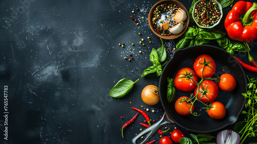 Frying pan with various healthy vegetables on dark background