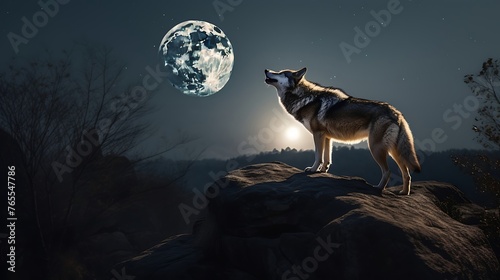 An ultra-realistic depiction of a howling wolf perched at twilight.