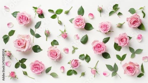 Delicate beauty of various heads and leaves of pink roses scattered on a white background