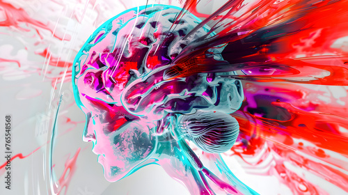 Abstract visualization of a brain hemorrhage from an mri perspective, with vivid colors marking the hemorrhagic areas against the brain's grayscale anatomy. photo