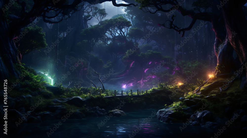 Gloomy fantasy forest scene at night with glowing ligh