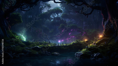Gloomy fantasy forest scene at night with glowing ligh