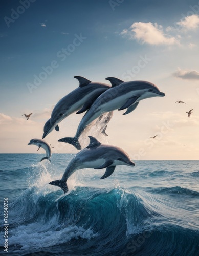 A pod of dolphins catches air above a turquoise wave, accompanied by flying seabirds under a dawn sky. This moment showcases the synergy between avian and marine life.