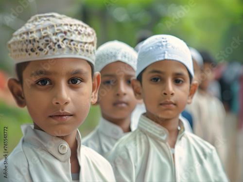 Muslim boys dressed in white clothes on the occasion of eid ul fitr. 