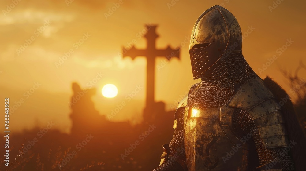 The Holy Grail veiled by the shadows of the Templar cross at sunset The Holy Grail veiled by the shadows of the Templar cross at sunset