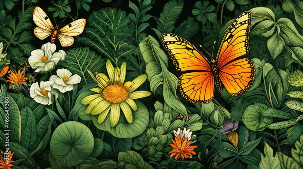 Background flowers, leaves and butterflies on a black background