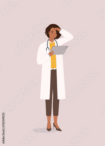 One Black Female Doctor Looking At Her Digital Tablet With Worried Face. Full Length.