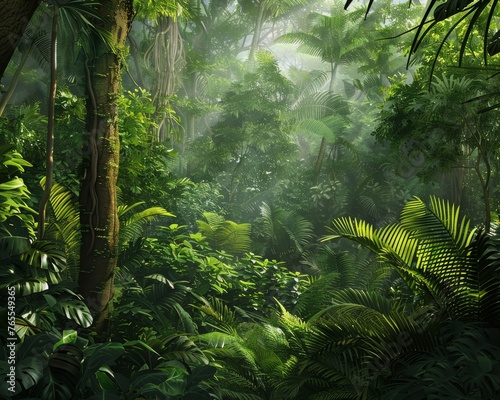 Create a sense of depth and perspective in a verdant tropical forest scene