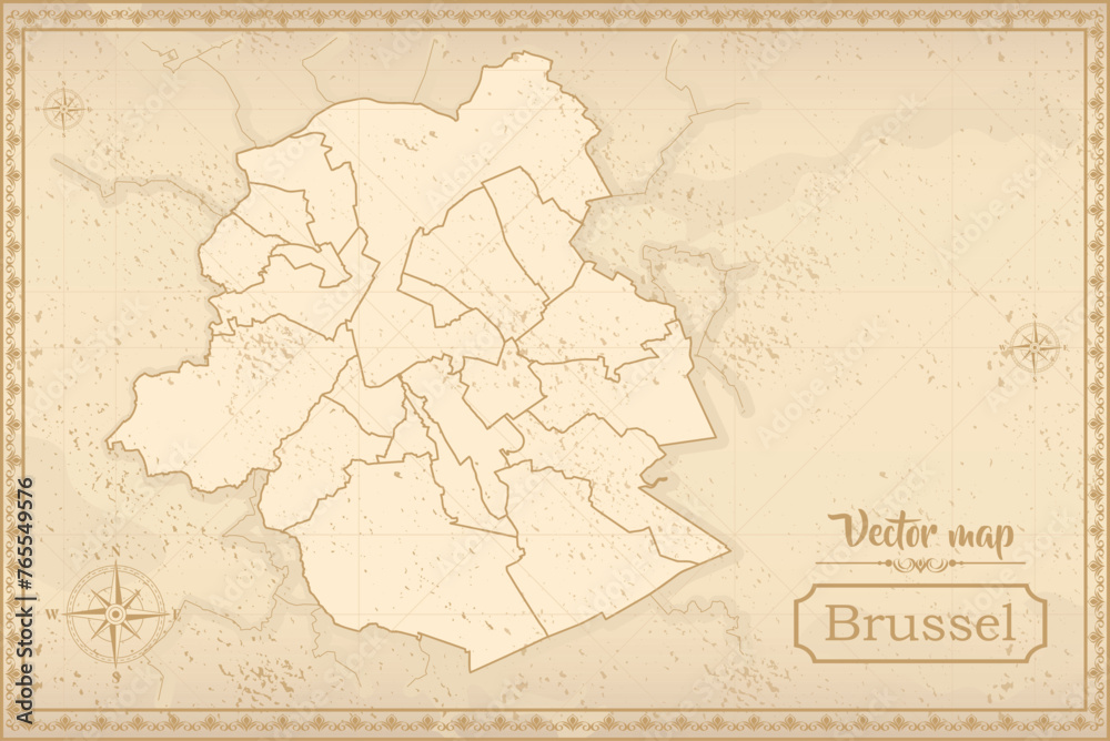 Map of Brussels in the old style, brown graphics in retro fantasy style. city in Belgium.