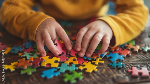 Close-up of a child s hands working on a color puzzle with autism spectrum disorder