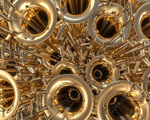 Intricate patterns of brass instruments in a marching band formation