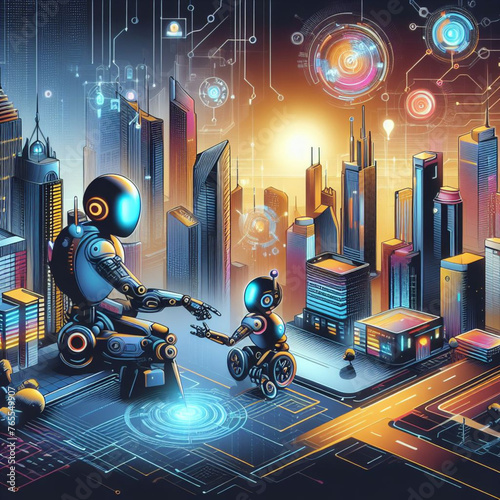 Two Curious Robots Overlook a Futuristic City

This digital artwork depicts a scene set in a future metropolis. Two humanoid robots with large, expressive eyes gaze out at the sprawling cityscape