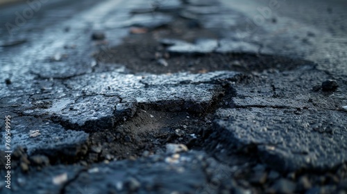 Close-up of a damaged asphalt road  focusing on the deep potholes and uneven surface