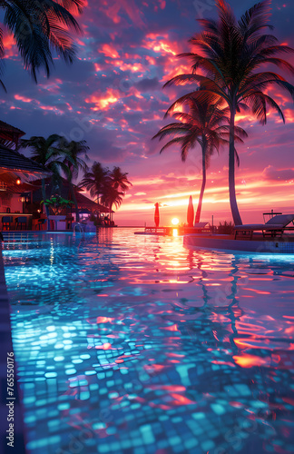 A serene natural landscape featuring a swimming pool surrounded by palm trees, with a beautiful sunset and azure sky in the background creating a peaceful afterglow