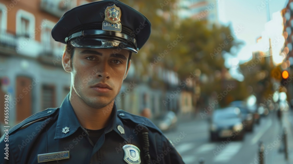 Dedication of a young policeman in uniform who patrols the city streets Dedication of a young policeman in uniform who patrols the city streets