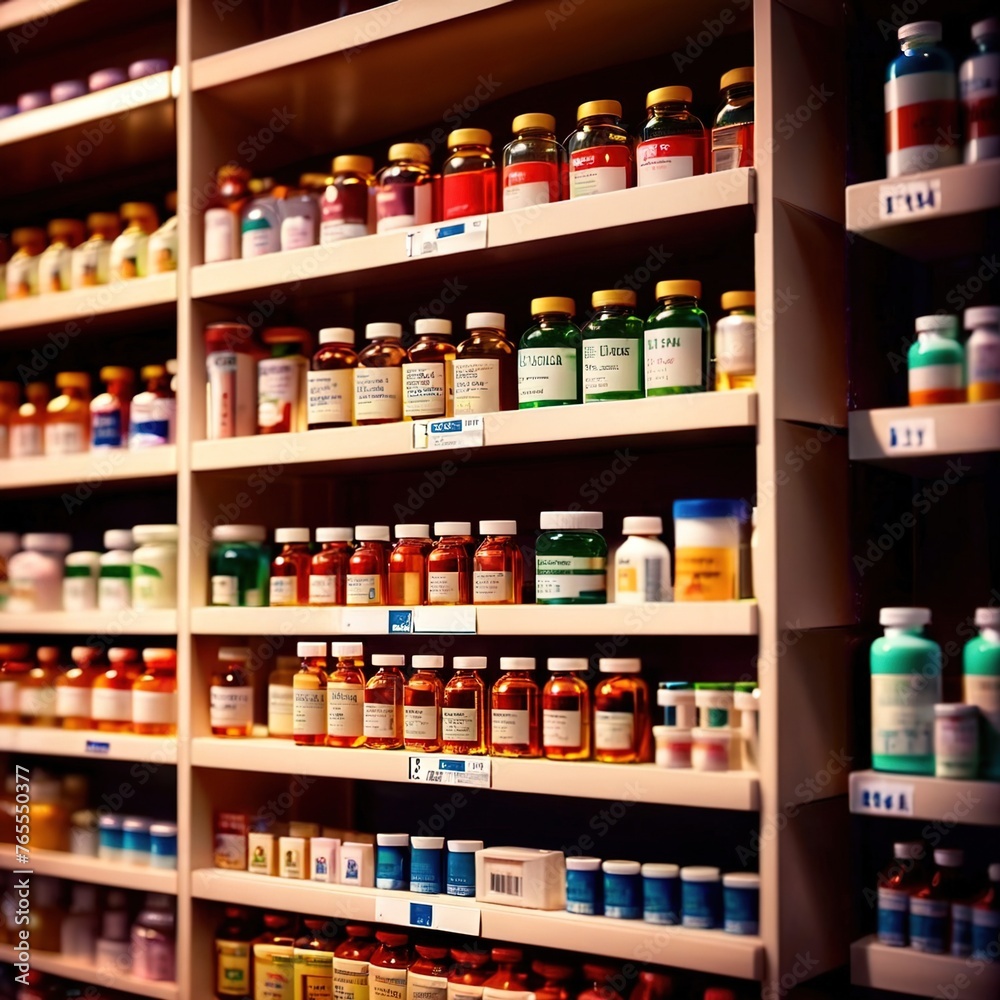 Shelves of medicine, drugs and pills stocked in pharmacy for sale