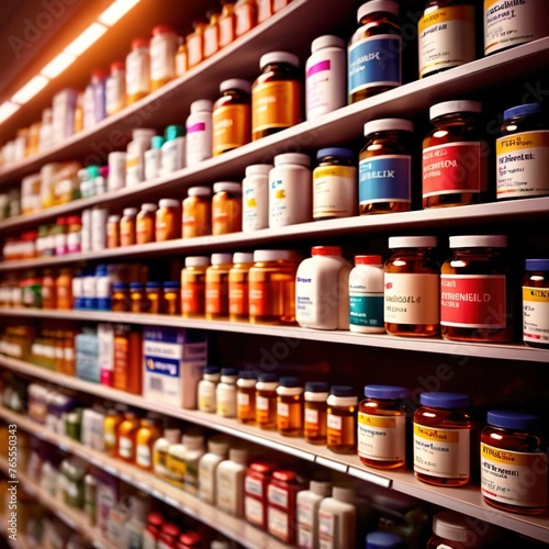 Shelves of medicine  drugs and pills stocked in pharmacy for sale