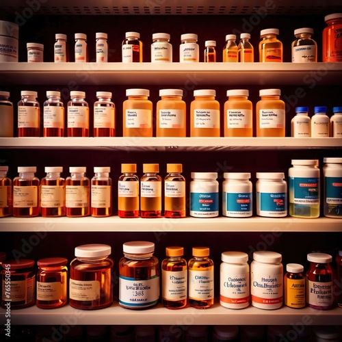 Shelves of medicine, drugs and pills stocked in pharmacy for sale